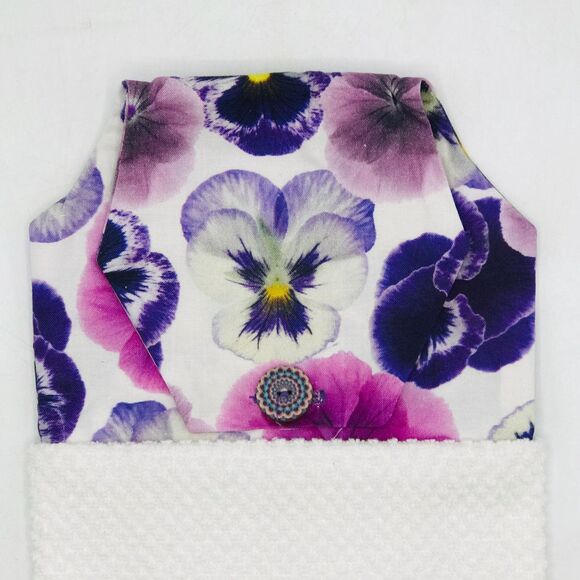 Hanging Kitchen Towel: Bright Purple Pansies Topper, Button Closure - Picture 4 of 7